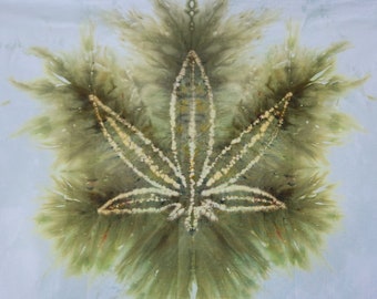 Hand Dyed Cannabis Leaf Tapestry;  23" x 33"; 100% Kona Cotton; Tie Dye; Hand Stitched Resist; Unframed Art