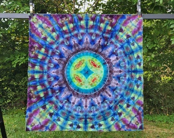 Hand Dyed Geometric Mandala Tapestry;  44" x 46"; 100% Kona Cotton; Tie Dye; Unframed Art; Wall Decor; Festifal Flag; Meditation Banner