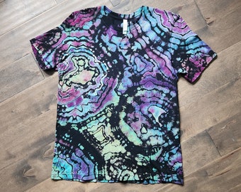 UNISEX L; Super Soft 100% Ringspun Cotton Crew Neck T-shirt;  Reverse Dye Geode in Jewel Tone Colors