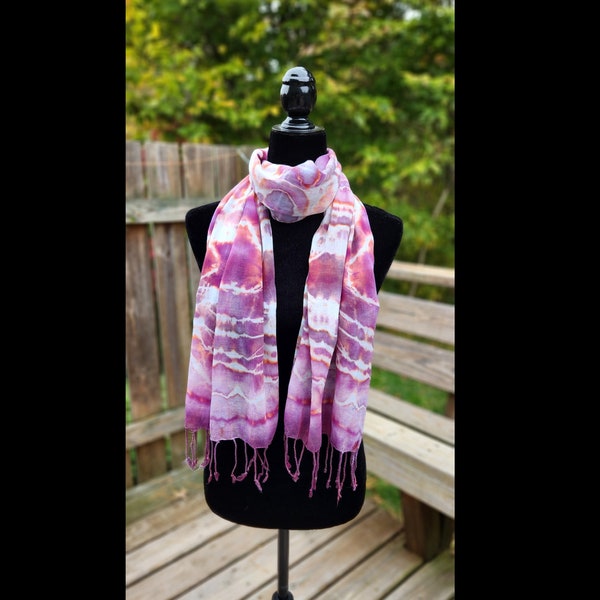 SCARF; Hand Dyed and Hand Tied; 20" x 70"; 100% Cotton; Fringed Edges