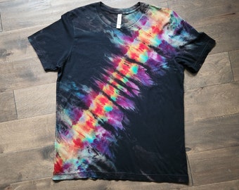 UNISEX L; Super Soft 100% Ringspun Cotton Crew Neck T-shirt;  Reverse Dye Diagonal Rainbow