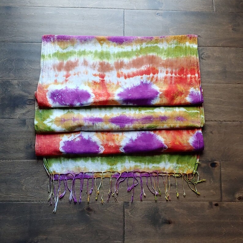 Tie Dye/ Hand Dyed Scarf 20 x 70 100% Cotton Fringed Edges Earth Tones with a Pop of Purple image 8