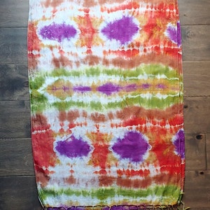 Tie Dye/ Hand Dyed Scarf 20 x 70 100% Cotton Fringed Edges Earth Tones with a Pop of Purple image 9