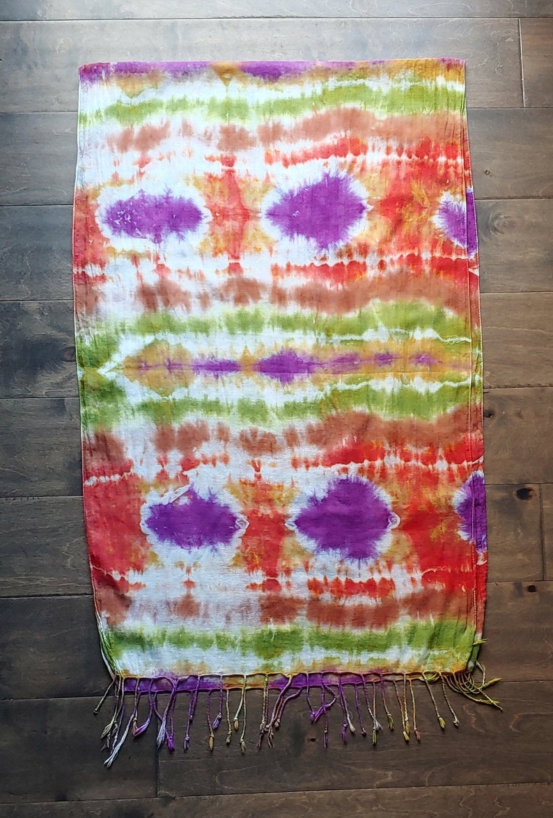 Tie Dye/ Hand Dyed Scarf 20 x 70 100% Cotton Fringed Edges Earth Tones with a Pop of Purple image 9