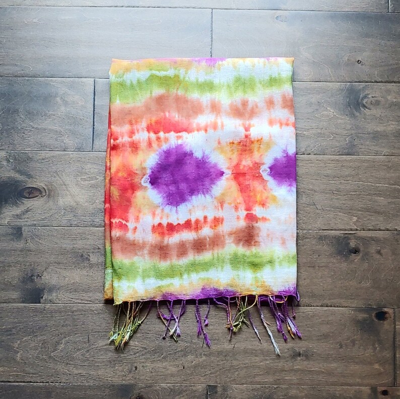 Tie Dye/ Hand Dyed Scarf 20 x 70 100% Cotton Fringed Edges Earth Tones with a Pop of Purple image 5