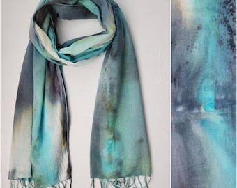 Hand Dyed Cotton Scarf: Lightweight Fringed Shawl, Smoky Blue