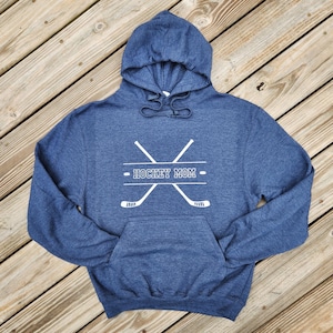 HOCKEY MOM; Adult Unisex Super Soft Hoodie: Heathered Navy with White Graphic