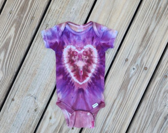 Infant 0 -3 Month ONESIE;  100% Cotton; Full Heart Design in Shades of Rose and Purple; Tie Dye; Hand Dyed