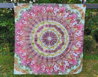 Hand Dyed Flower Mandala Tapestry;  28" x 28"; 100% Kona Cotton; Tie Dye; Unframed Art; Wall Decor; Quilting Fabric