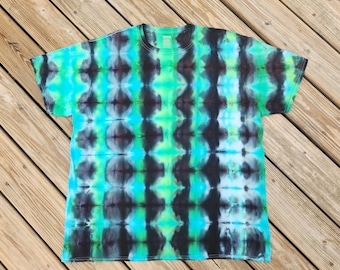 UNISEX 2XL;  100% Cotton Crew Neck T-shirt; Shibori Style Design in Shades of Green, Blue & Black