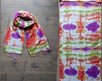 Tie Dye/ Hand Dyed Scarf;  20" x 70"; 100% Cotton; Fringed Edges; Earth Tones with a Pop of Purple