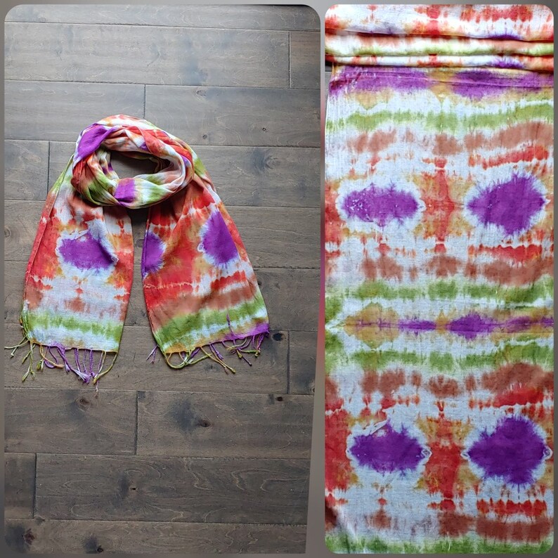 Tie Dye/ Hand Dyed Scarf 20 x 70 100% Cotton Fringed Edges Earth Tones with a Pop of Purple image 1