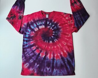 Unisex LARGE Tie-Dye Long Sleeve Shirt: Red & Purple Spiral