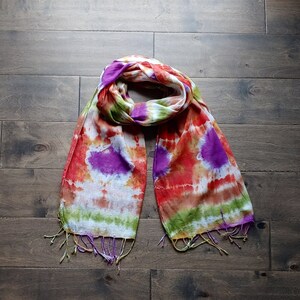 Tie Dye/ Hand Dyed Scarf 20 x 70 100% Cotton Fringed Edges Earth Tones with a Pop of Purple image 6