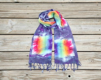 Tie Dye Rainbow Scarf; Hand Rolled Fringed Edges; 100% Bamboo Rayon; 12.5" x 57"