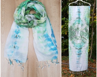 Tie Dye Scarf; 20" x 70"; 100% Cotton; Fringed Edges; Green, Blue & White