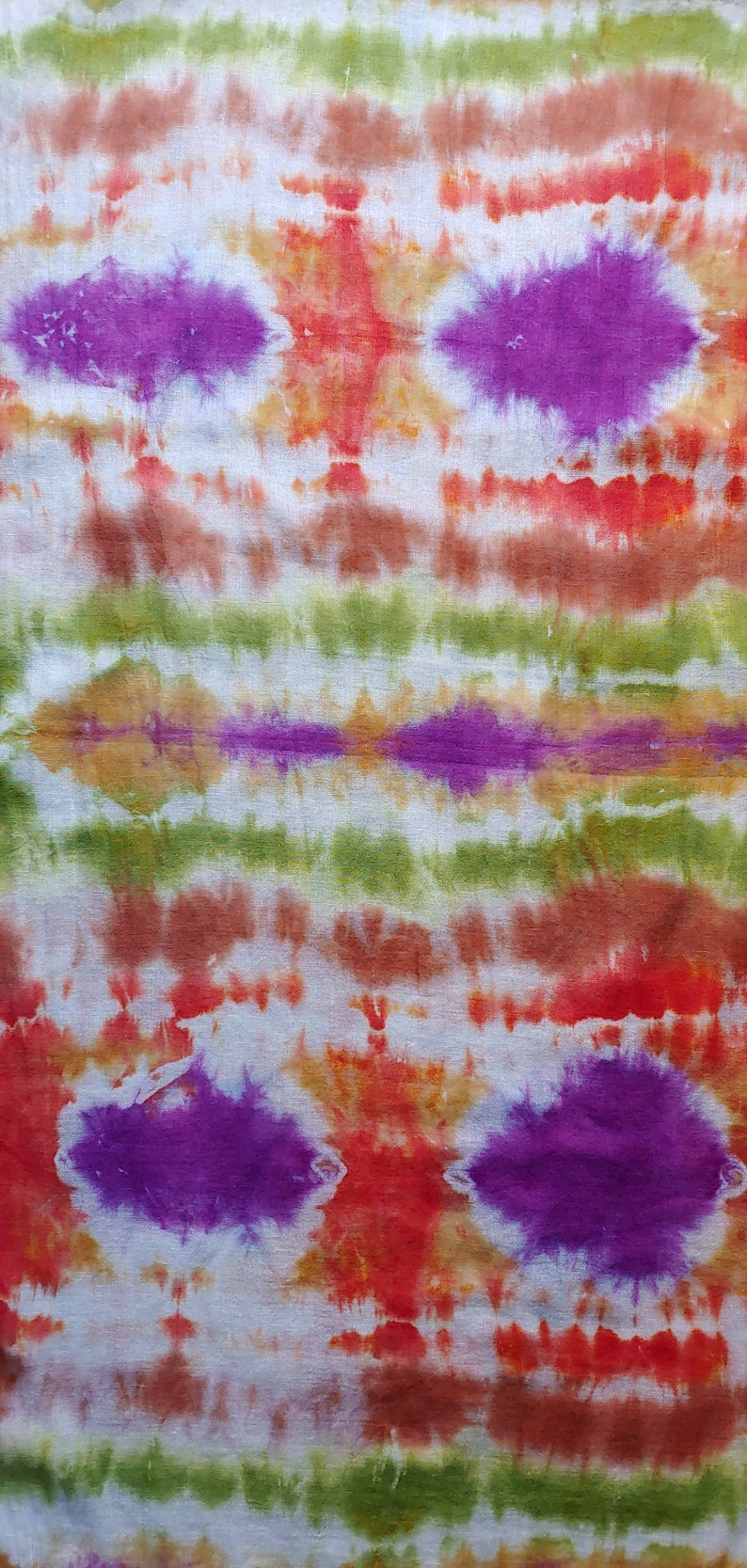 Tie Dye/ Hand Dyed Scarf 20 x 70 100% Cotton Fringed Edges Earth Tones with a Pop of Purple image 3