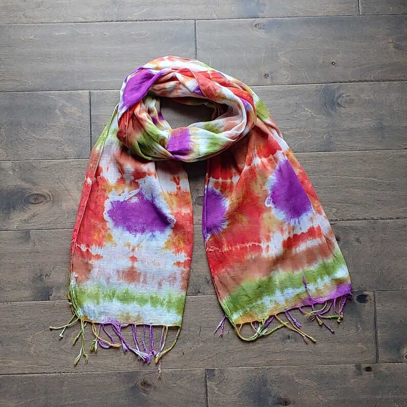 Tie Dye/ Hand Dyed Scarf 20 x 70 100% Cotton Fringed Edges Earth Tones with a Pop of Purple image 2