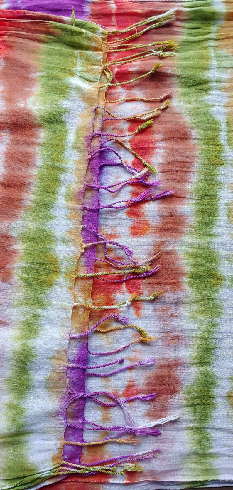 Tie Dye/ Hand Dyed Scarf 20 x 70 100% Cotton Fringed Edges Earth Tones with a Pop of Purple image 7