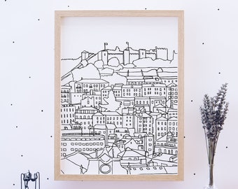 Impression de château de Lisbonne, Portugal, art mural, illustration, maison, décoration, style de vie, décor, architecture, portugais, noir et blanc