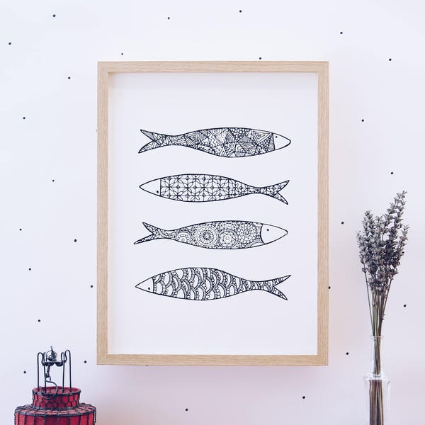 Sardines print, Portugal, Portuguese, wall art, illustration, home, decoration, black and white, decor, lifestyle, print, art, gift