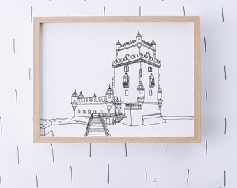 Impression Torre de Belém, Lisbonne, Portugal, art mural, illustration, maison, décoration, art, noir et blanc, architecture, médiéval, portugais,