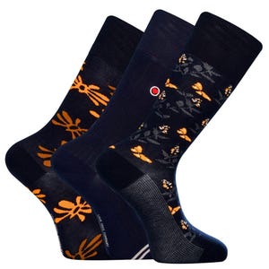 May include: Three pairs of navy blue socks. One pair features an orange floral design, another has a red circle, and the third showcases an orange butterfly pattern. The socks are made of a soft, comfortable material.