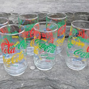 Vintage Coca Cloa Multi Colored Logo Drinking Glzsses Tumblers, Set of 6