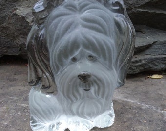 Vi tage Viking Frosted Glass Maltese or Shih Tzu Puppy Dog with Bows Paperweight, Bookend or Figurine