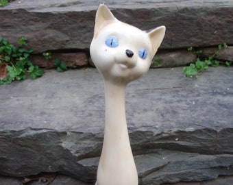 Vintage Ceramic Tall Siamese Cat Figurine, Blue-eyed Siamese Cat From Mold