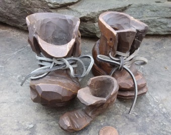 Vintage Carved Wood Boots with Laces Taper Candle Holders