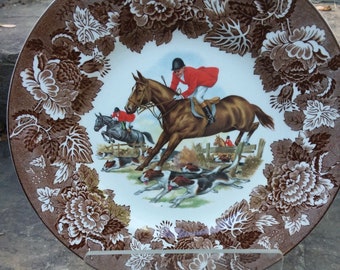 Vintage Equestrian Horses & Hounds English Fox Hunt Alpine White Ironstone Plate by Wood and Sons for Princess House, England