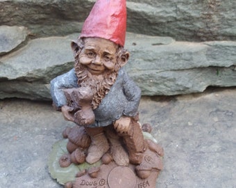 Vintage Doug Gnome Figurine, Tom Clark by Cairn Studios, 1984, Doug with Dog on Coin, Dog Biscuits and Dogwood Blossom