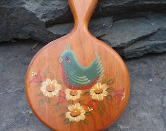 Vintage Folk Art Bluebird Wood Trivet Wall Hanging, Hand Painted