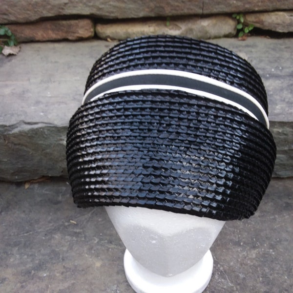 Vintage Black Straw With Black and White Ribbon Cloche  or Bucket Style Hat, The Perfect Little Black Hat