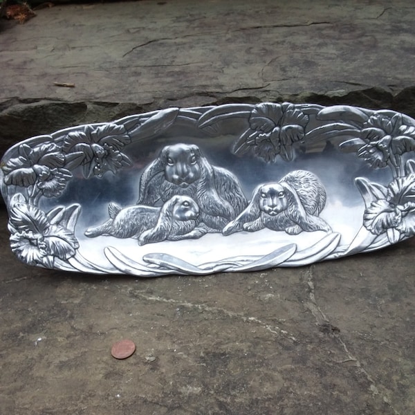 Vintage Arthur Court Pewter Like Aluminum Lop Eared Bunny Rabbits with Daffodil  Oblong Serving Dish, 1994