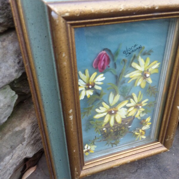 Vintage Original Multi Layered Glass Reverse Oil Painting of Yellow Daisies in a Basket Signed by Gloria Beahan, Shadow Box Oil Painting