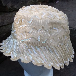 Vintage Wool and Sequin Cream Color Cloche Hat,  1940s