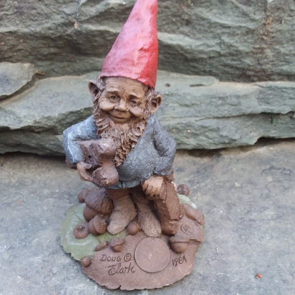 Vintage Doug Gnome Figurine, Tom Clark by Cairn Studios, 1984, Doug with Dog on Coin, Dog Biscuits and Dogwood Blossom