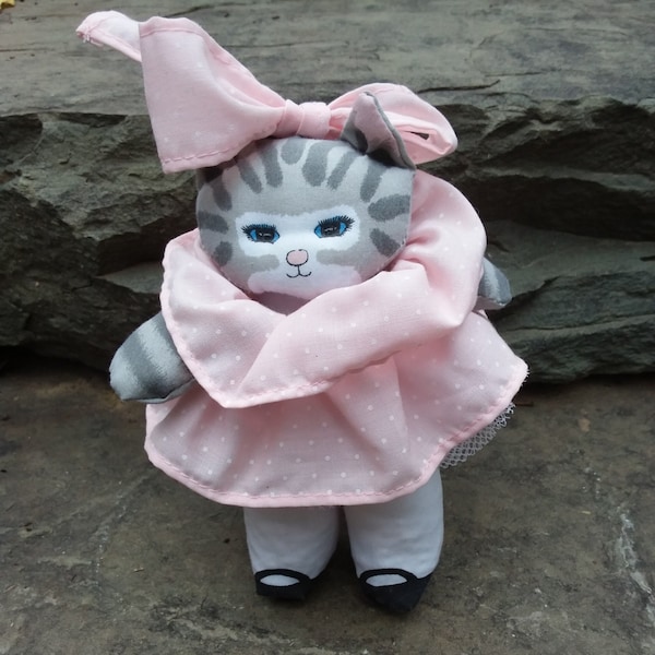 Vintage Gray Tabby Plush Mini Kitty Cat in Pink Dress by Applause, 1984