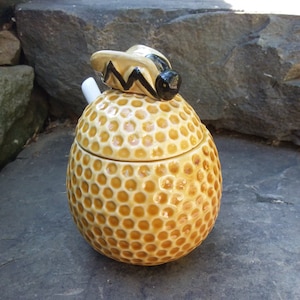 Vintage Honeycomb Ceramic Honey Pot with Bee Lid & Spoon, Portugal