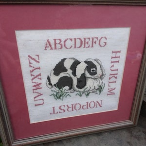 Vintage Completed Bunny Rabbit ABCs Sampler Cross Stitch Nursery Art Framed in Wood, 1994