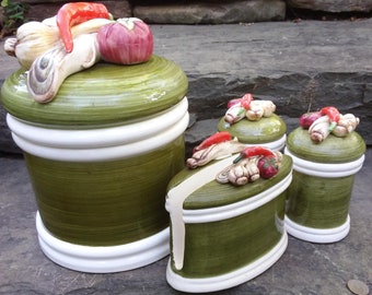 Vintage Arnalt Garden Harvest Ceramic Kitchen Set: Canister, Shakers, Napkin Holder