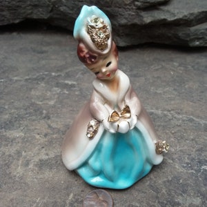 Vintage Josef Originals Little Gift Blue Christmas Girl Figurine with Spaghetti Trim, 1950s
