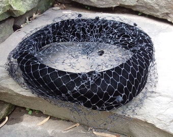 Vintage Black Velvet Open Ring Pillbox Hat with Net Veil, 1950s -60s