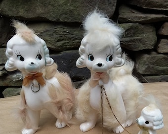 Vintage Porcelain Poodle Dog Family Figurines With Rabbit