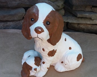 Vintage Cocker Spaniel Mother and Puppy Figurine, Brown & White Chalkware