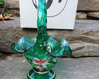 Vintage Fenton Hand Painted Holiday Green Glass Basket with Twisted Handle and Painted with Poinsettias. Signed