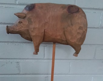 Vintage Hnadcrafted Carved Rustic Wood Pig Figurine, Handcrafted by Barry Leader