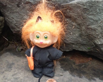 Vintage Halloween Troll Redhead Dressed as Black Kitty Cat Doll Figurine by Russ